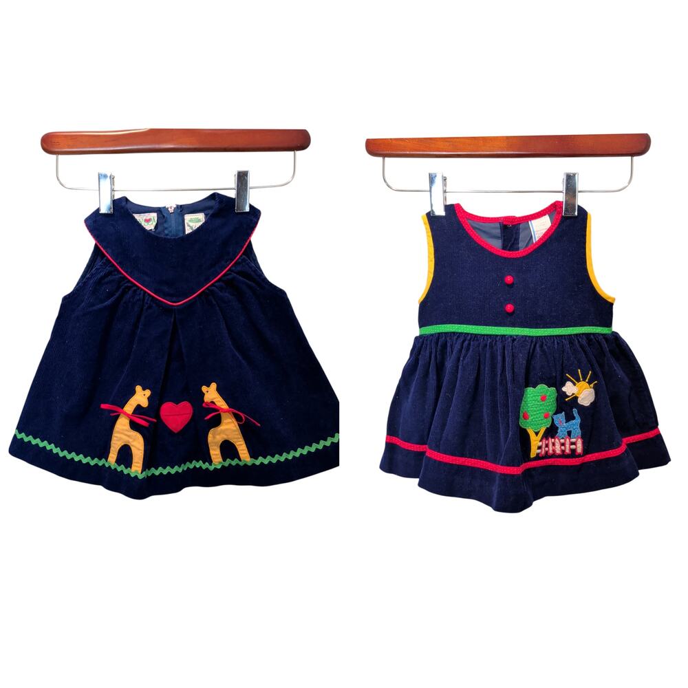 Set of 2 Vintage Baby Girls Sz 18 Mos Navy Blue Corduroy Swing Dresses Applique